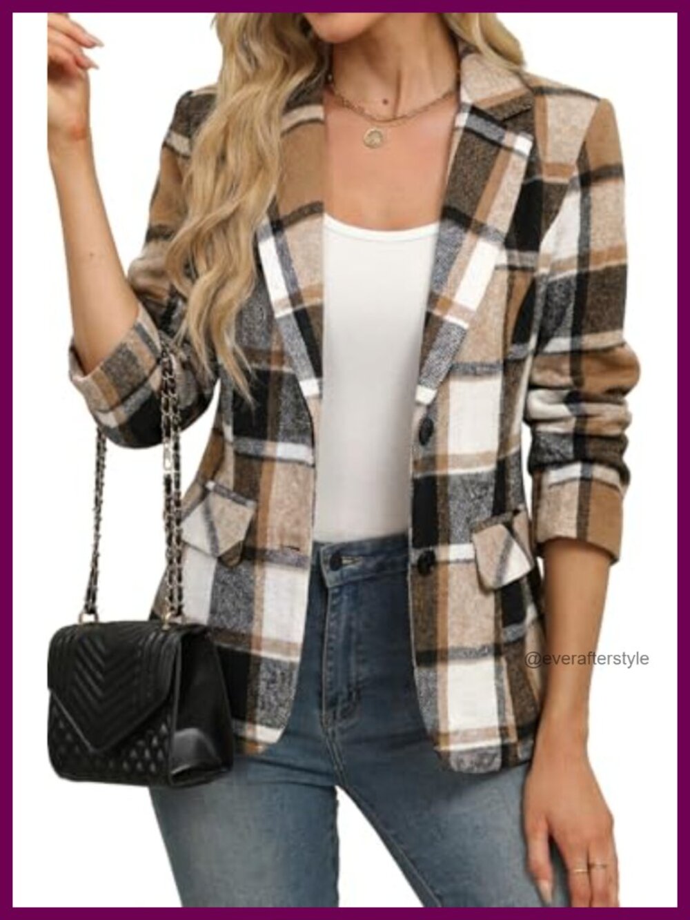 Women's Plaid Blazer Business Casual Notch Lapel Button Work Jacket
